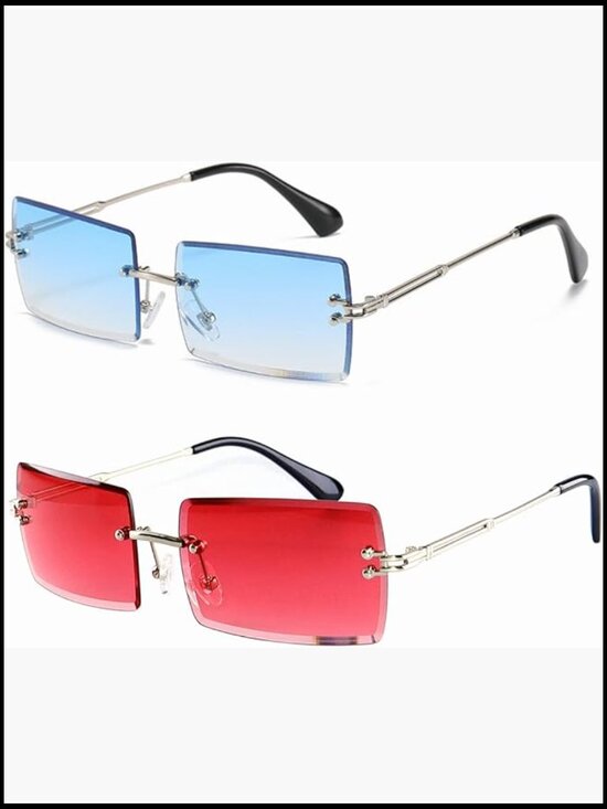 Silver Metal Rimless Sunglasses Rectangle Retro Vintage Tinted Glasses main image 6